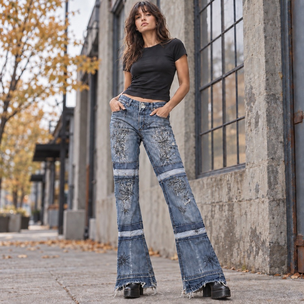 Vintage Y2K OOAK Artist Reconstructed J.Crew Jeans 10 Bell Bottom Wearable Art